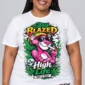 Stay Blazed Panther on a model wearing a white graphic T-shirt with C63s.com hem branding