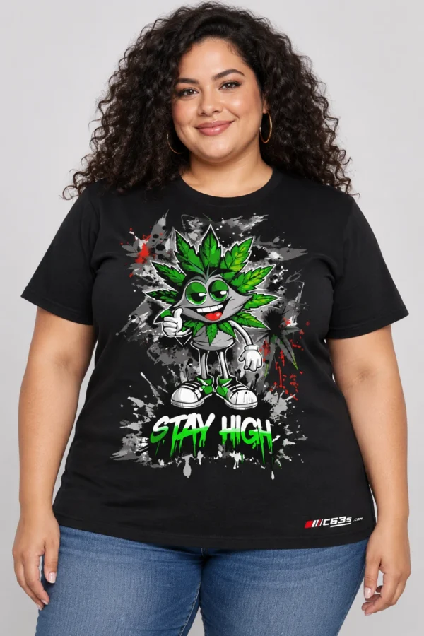 Stay High Leaf on a model wearing a black graphic T-shirt with C63s.com hem branding