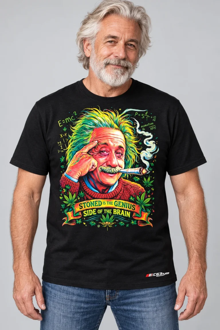 Stoned Genius on a model wearing a black graphic T-shirt with C63s.com hem branding