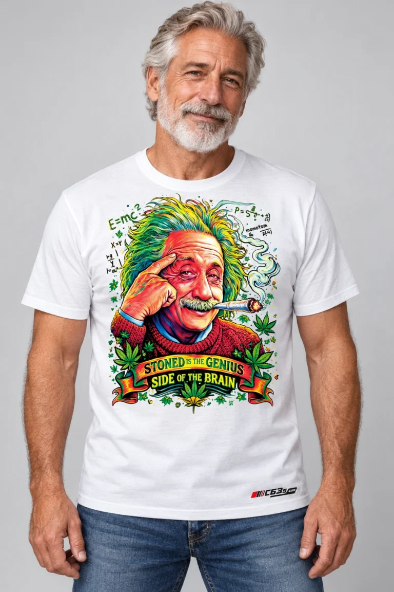 Stoned Genius on a model wearing a white graphic T-shirt with C63s.com hem branding