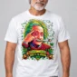 Stoned Genius on a model wearing a white graphic T-shirt with C63s.com hem branding