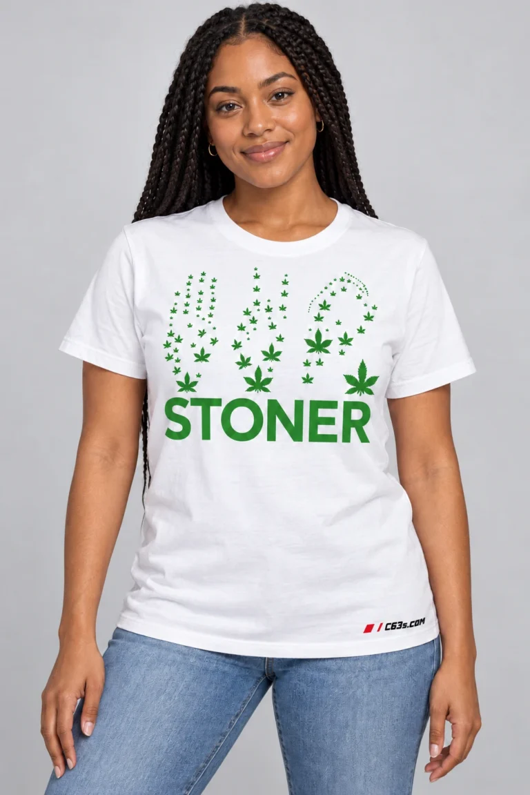 Stoner Leaf Fall on a model wearing a white graphic T-shirt with C63s.com hem branding