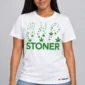 Stoner Leaf Fall on a model wearing a white graphic T-shirt with C63s.com hem branding