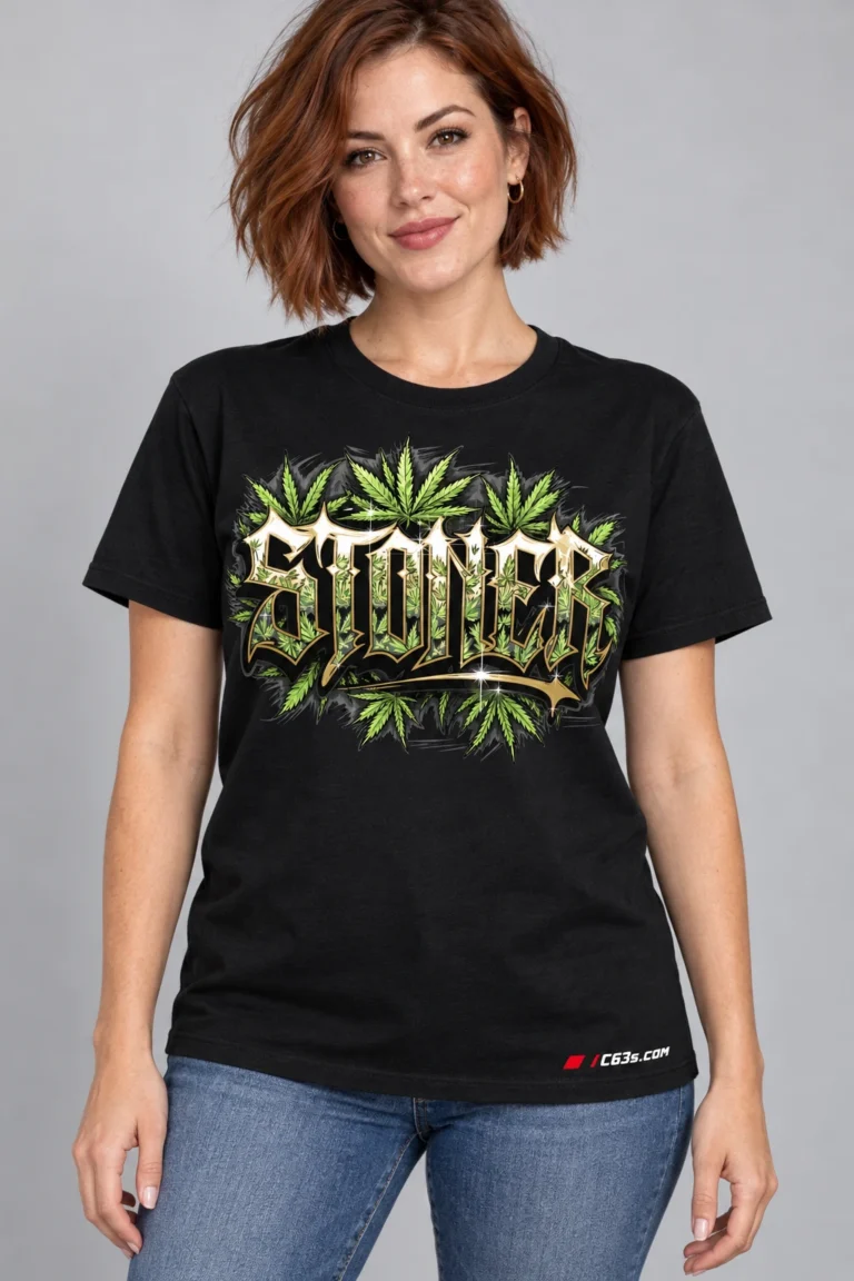 Stoner Script on a model wearing a black graphic T-shirt with C63s.com hem branding