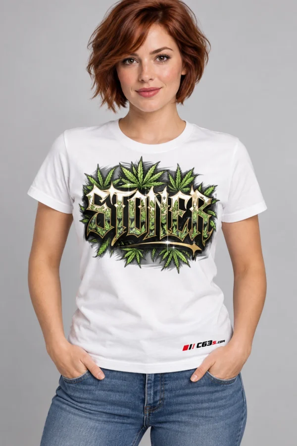 Stoner Script on a model wearing a white graphic T-shirt with C63s.com hem branding
