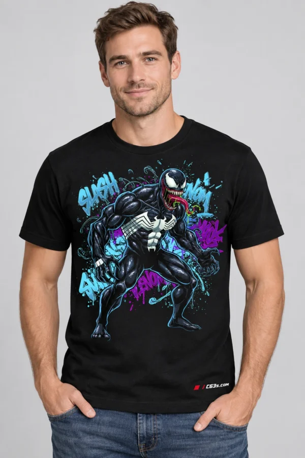 Venom Graffiti on an adult model wearing a black graphic T-shirt with one C63s.com hem logo