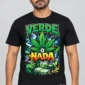 Verde o Nada on a model wearing a black graphic T-shirt with C63s.com hem branding