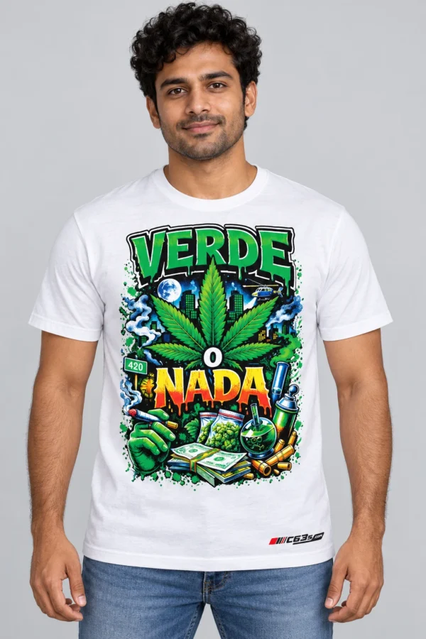 Verde o Nada on a model wearing a white graphic T-shirt with C63s.com hem branding