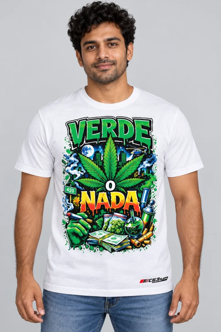 Verde o Nada on a model wearing a white graphic T-shirt with C63s.com hem branding