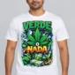 Verde o Nada on a model wearing a white graphic T-shirt with C63s.com hem branding
