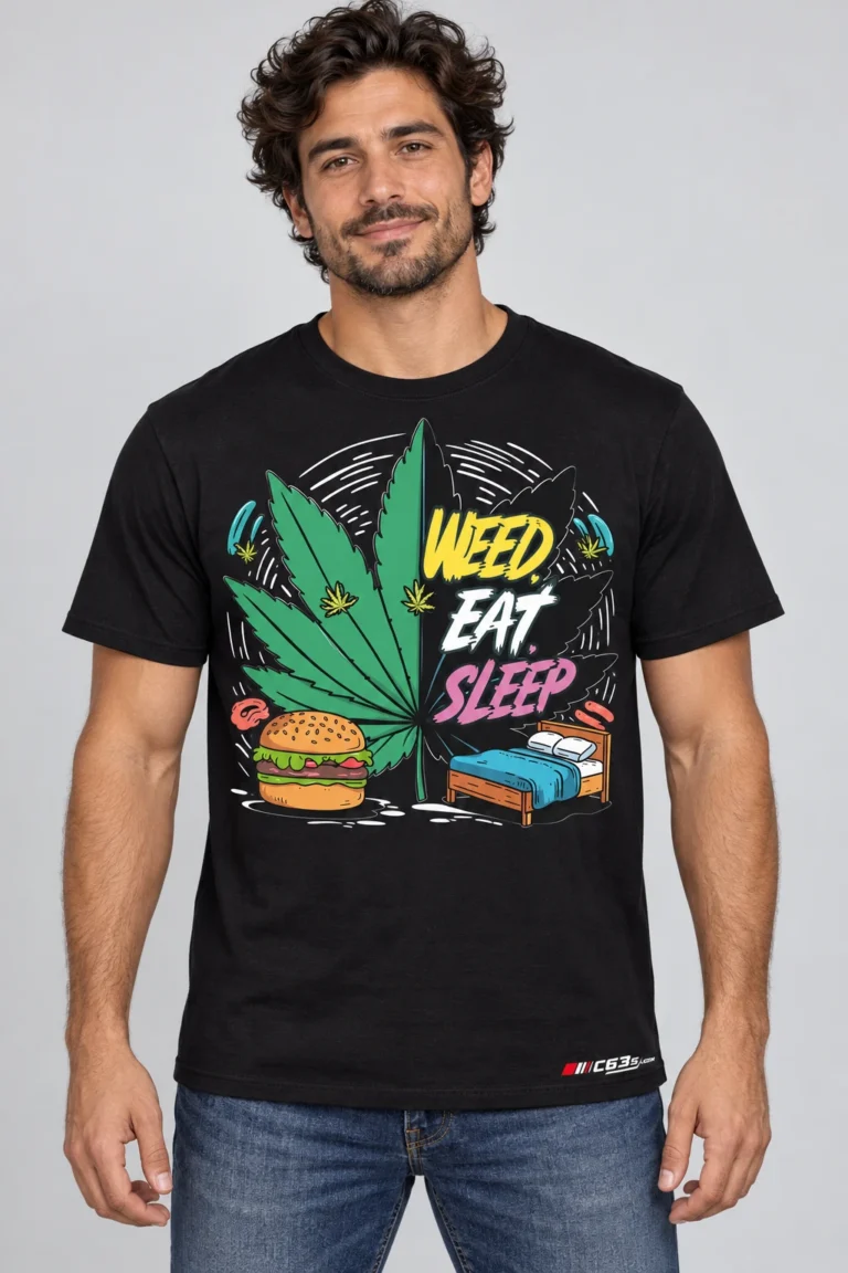 Weed Eat Sleep on a model wearing a black graphic T-shirt with C63s.com hem branding