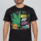 Weed Eat Sleep on a model wearing a black graphic T-shirt with C63s.com hem branding