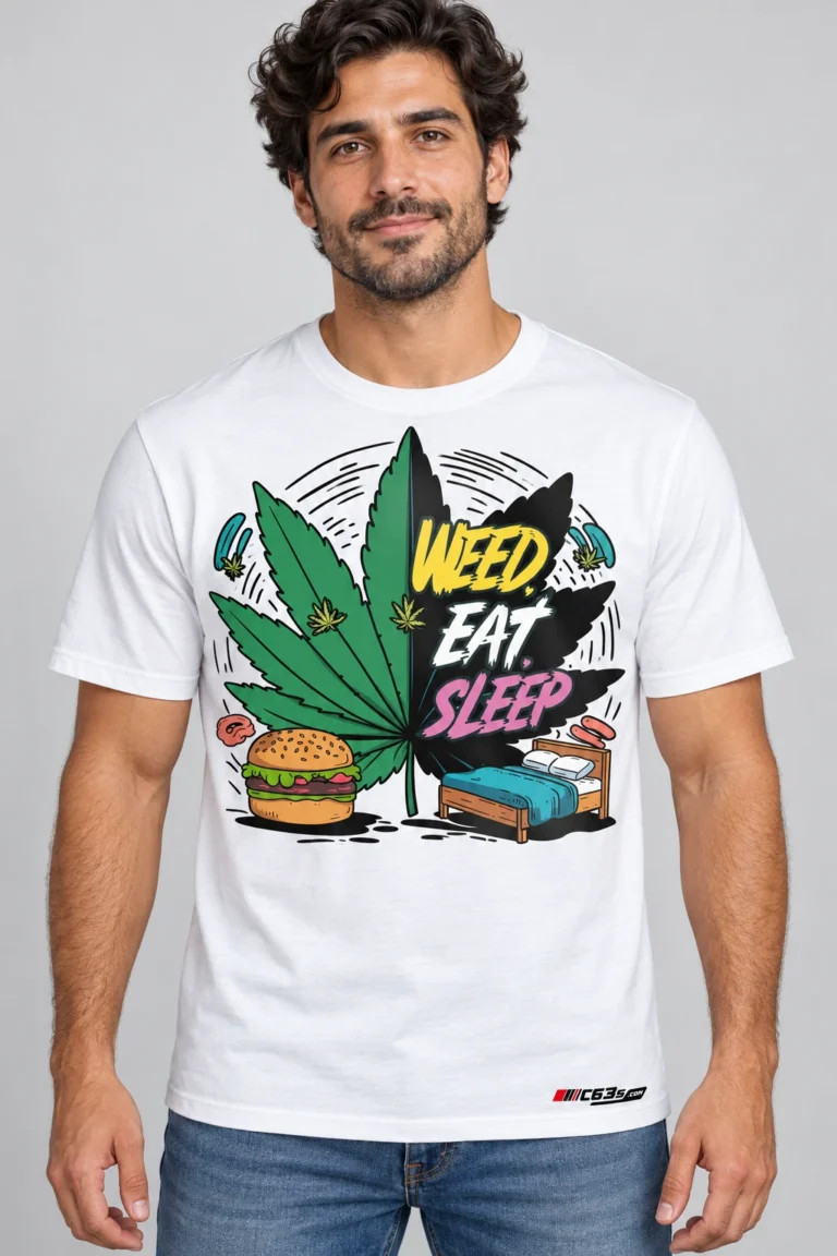 Weed Eat Sleep on a model wearing a white graphic T-shirt with C63s.com hem branding