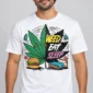 Weed Eat Sleep on a model wearing a white graphic T-shirt with C63s.com hem branding
