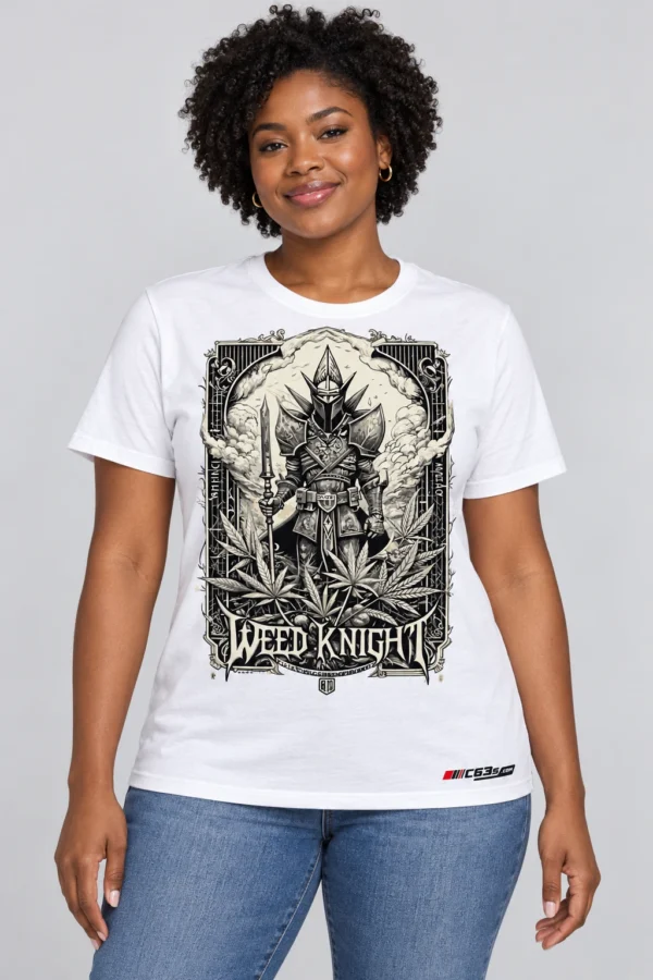 Weed Knight on a model wearing a white graphic T-shirt with C63s.com hem branding
