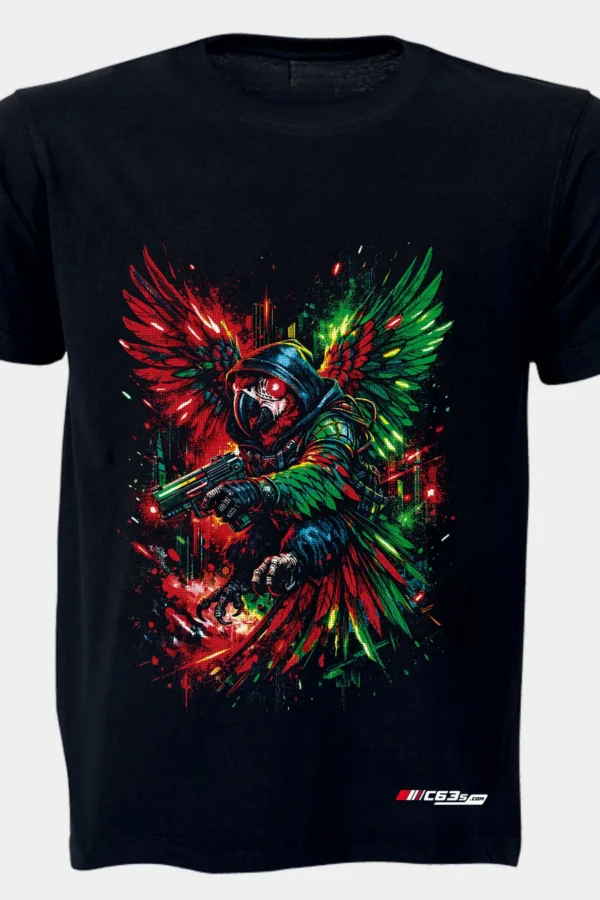 Winged Assassin graphic T-shirt — Black shirt-only front view showing the design