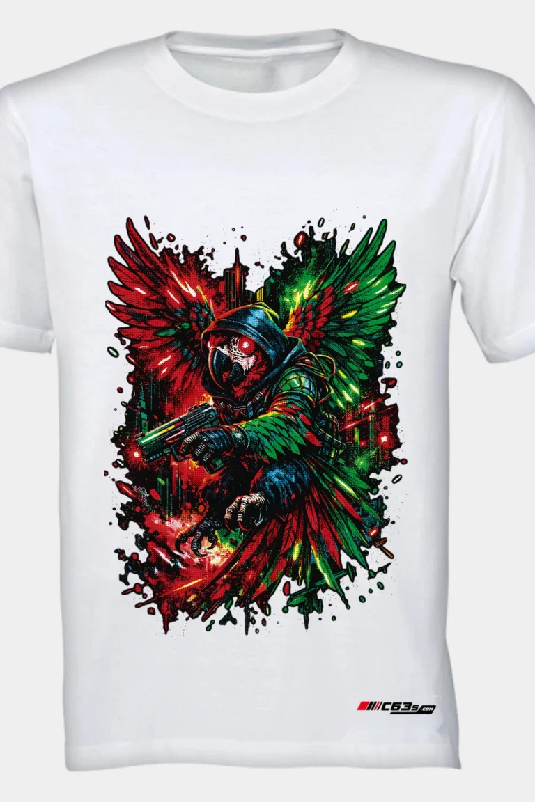 Winged Assassin graphic T-shirt — White shirt-only front view showing the design